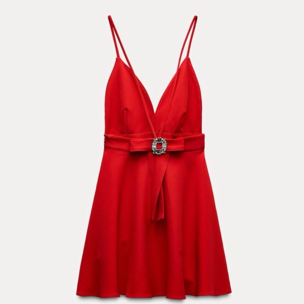 ZARA red v-neck dress jewelry on the back